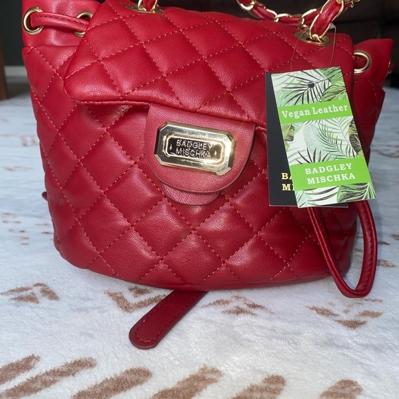 Badgley Mischka Vegan Leather Red Quilted Mini‎ Backpack - Picture 2 of 7